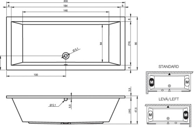 Ванна акриловая прямоугольная RIHO LUSSO 200x90