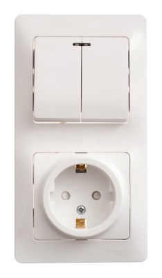 Выключатель двухклавишный с подсветкой, розетка с заземлением со шторками SE Glossa Белый, GSL000175