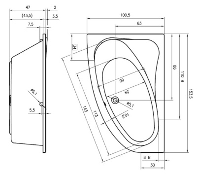 Ванна акриловая асимметричная RIHO LYRA 153x100 R