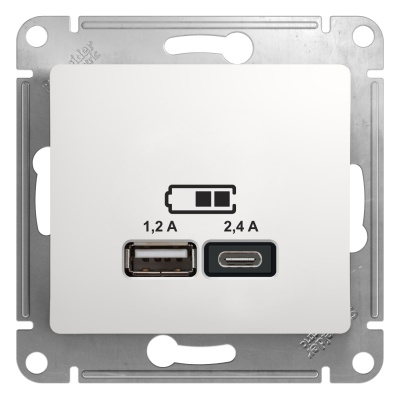 Розетка двухместная USB A+С (5 B / 2,4 A - 2x5 B / 1,2 A) SE Glossa Белый, GSL000139