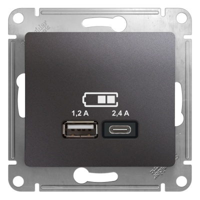 Розетка двухместная USB A+С (5 B / 2,4 A - 2x5 B / 1,2 A) SE Glossa Графит, GSL001339