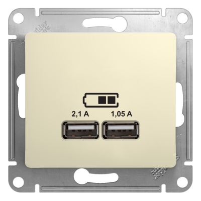 Розетка двухместная USB A+A (5 B / 2,1 A - 2x5 B / 1,05 A) SE Glossa Бежевый, GSL000233