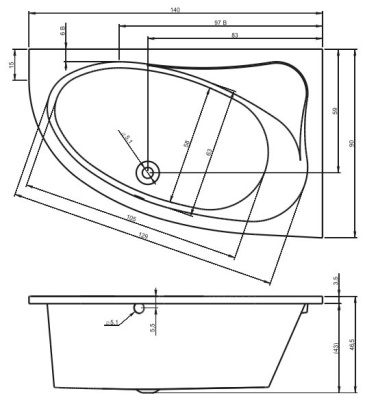 Ванна акриловая асимметричная RIHO LYRA 140x90 L