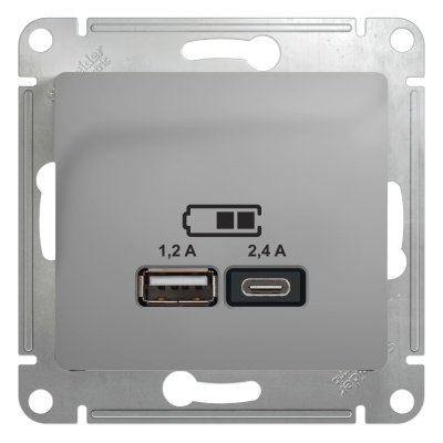 Розетка двухместная USB A+С (5 B / 2,4 A - 2x5 B / 1,2 A) SE Glossa Алюминий, GSL000339