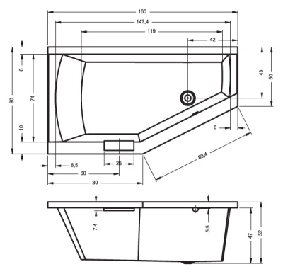 Ванна акриловая асимметричная RIHO GETA 160x90 R