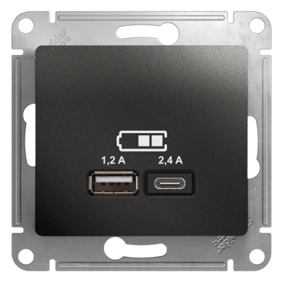 Розетка двухместная USB A+С (5 B / 2,4 A - 2x5 B / 1,2 A) SE Glossa Антрацит, GSL000739